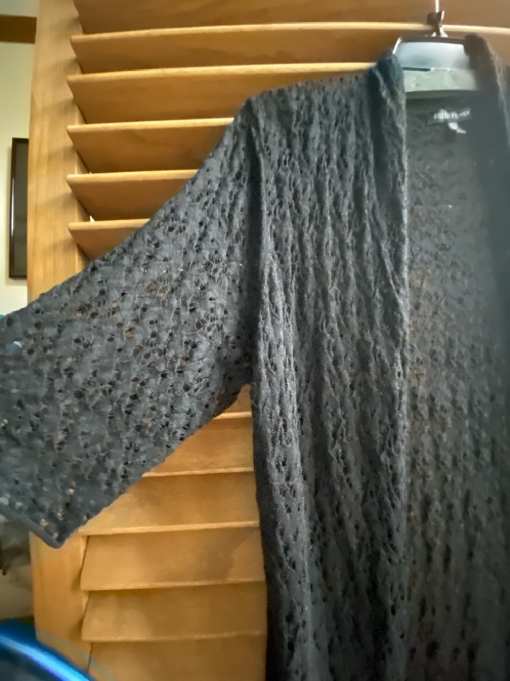Eileen Fisher M Black Lacy Light Weight Wool Lacey Cardigan Elbow Length Sleeves - Picture 3 of 14